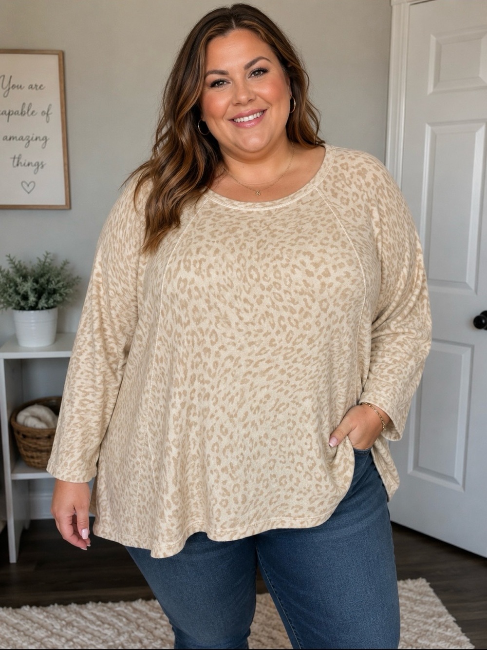Wonderly Animal-Print Oversized Long Sleeve Top - Cream Womens 1x